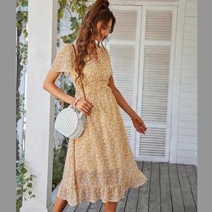 Comeon Women Yellow Boho Floral Print Ruffle Short Sleeve Deep V-Neck Midi Dress